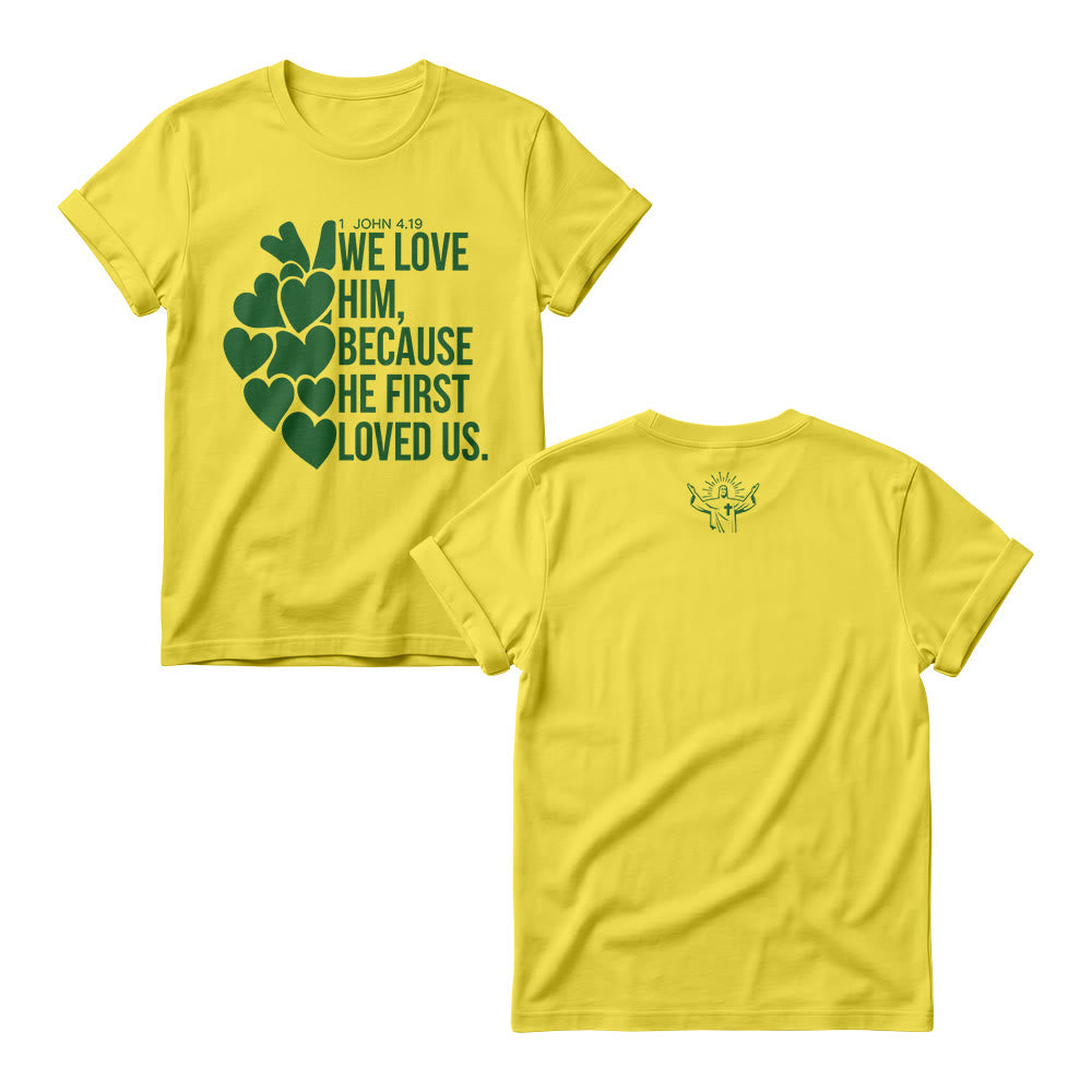Christianartworkshop Stacked Bold Script Heart Accent 1 John 4:19 Dual Sides Faith Women’s Crewnecks - Yellow - 4XL - image 5