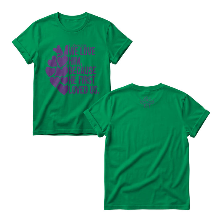 Christianartworkshop Stacked Bold Script Heart Accent 1 John 4:19 Dual Sides Faith Women’s Crewnecks - Green - 4XL - image 11