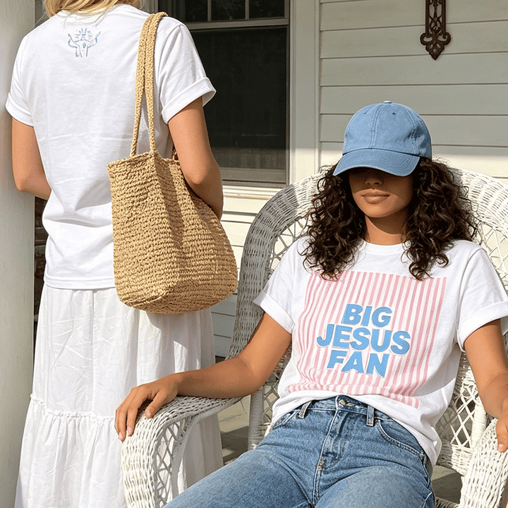Christianartworkshop Sport Block Font Striped Background Big Jesus Fan Dual Print Women’s Crewnecks - image 0