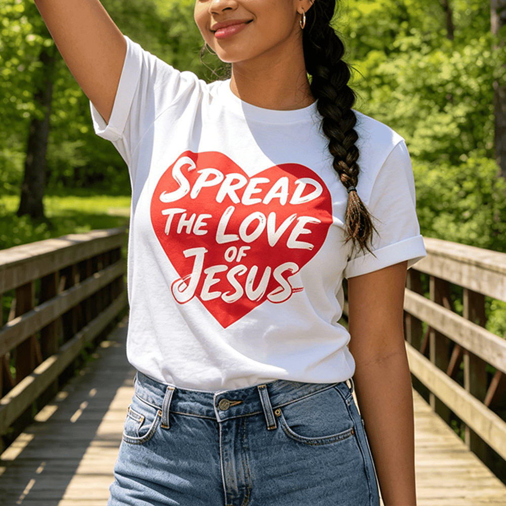 Christianartworkshop Spread The Love Of Jesus Solid Heart Shape Brush Script Front Print Women’s Crewnecks - image 0
