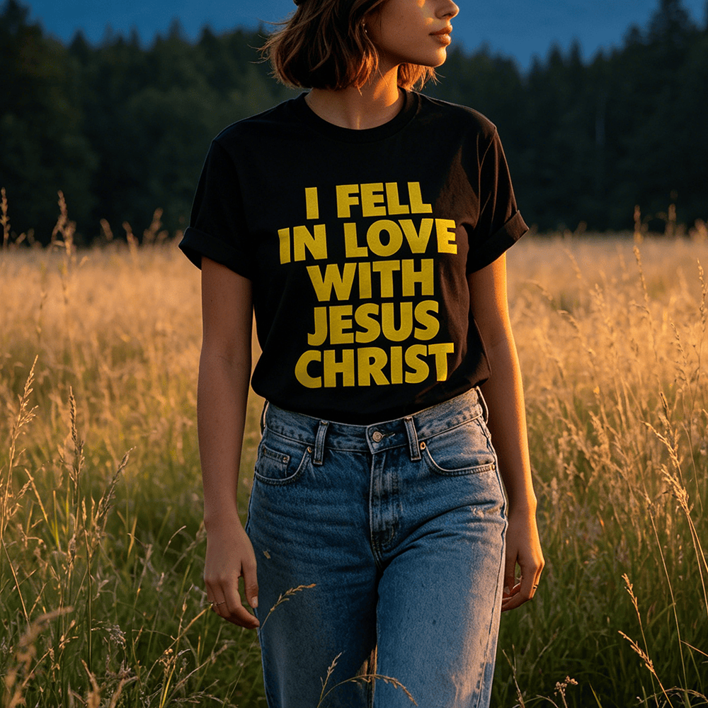 Christianartworkshop I Fell In Love With Jesus Christ Vertical Stack Bold Block Front Print Women’s Crewnecks - image 0