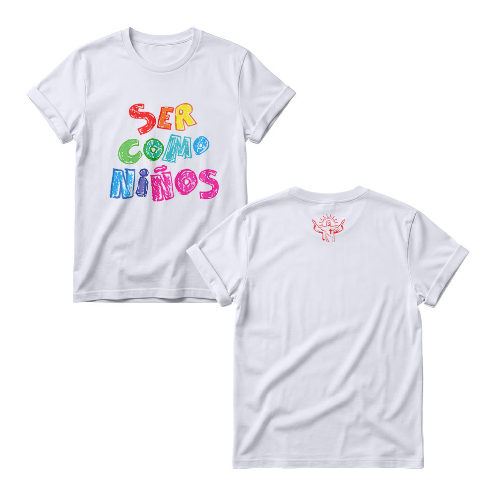 Christianartworkshop Ser Como Niños Multicolor Glossy Bubble Spanish Scripture Front Print Women’s Crewnecks - White - 4XL - image 2