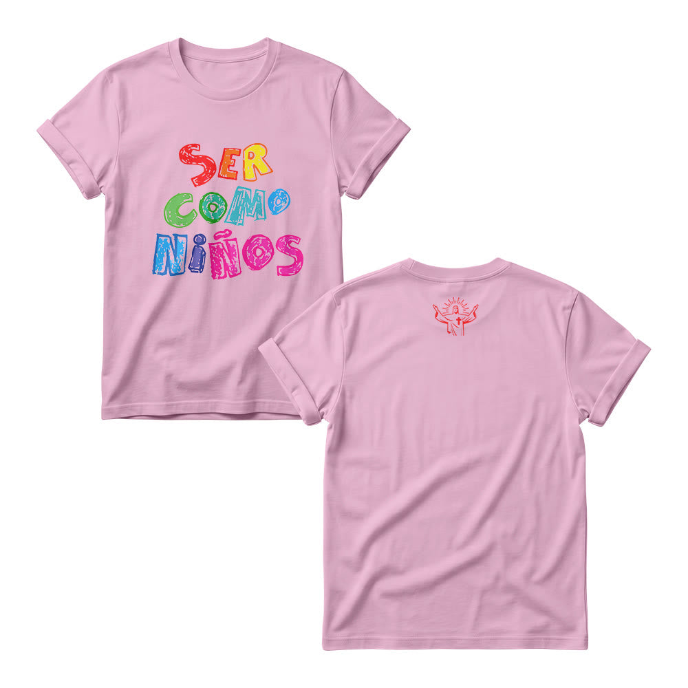 Christianartworkshop Ser Como Niños Multicolor Glossy Bubble Spanish Scripture Front Print Women’s Crewnecks - Pink - 4XL - image 1