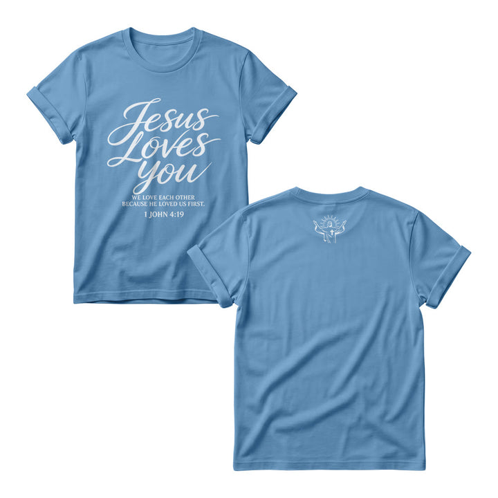 Christianartworkshop Jesus Loves You Flowing Cursive 1 John 4 : 19 Front Small Crown Cross Sketch Women’s Crewnecks - Blue - 4XL - image 6