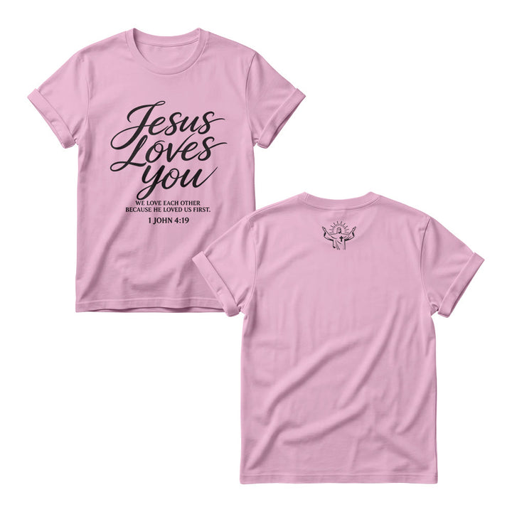Christianartworkshop Jesus Loves You Flowing Cursive 1 John 4 : 19 Front Small Crown Cross Sketch Women’s Crewnecks - Pink - 4XL - image 5