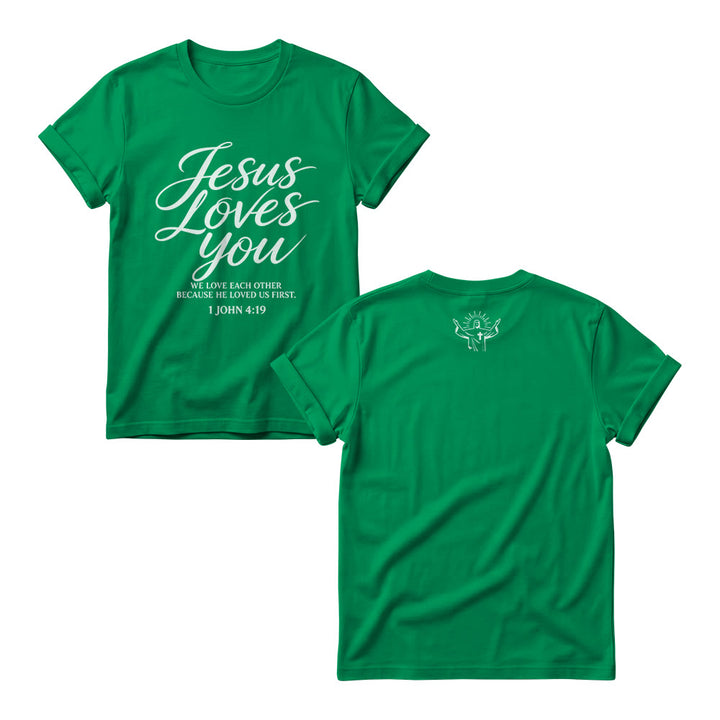 Christianartworkshop Jesus Loves You Flowing Cursive 1 John 4 : 19 Front Small Crown Cross Sketch Women’s Crewnecks - Green - 4XL - image 9