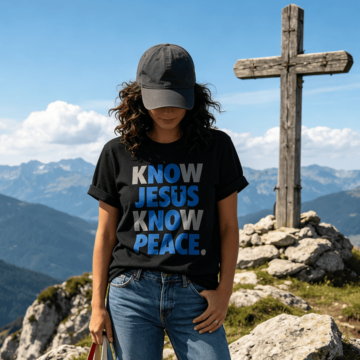 Christianartworkshop Know Jesus Know Peace Two Tone Vertical Stack Bold Block Front Print  Women’s Crewnecks - image 0