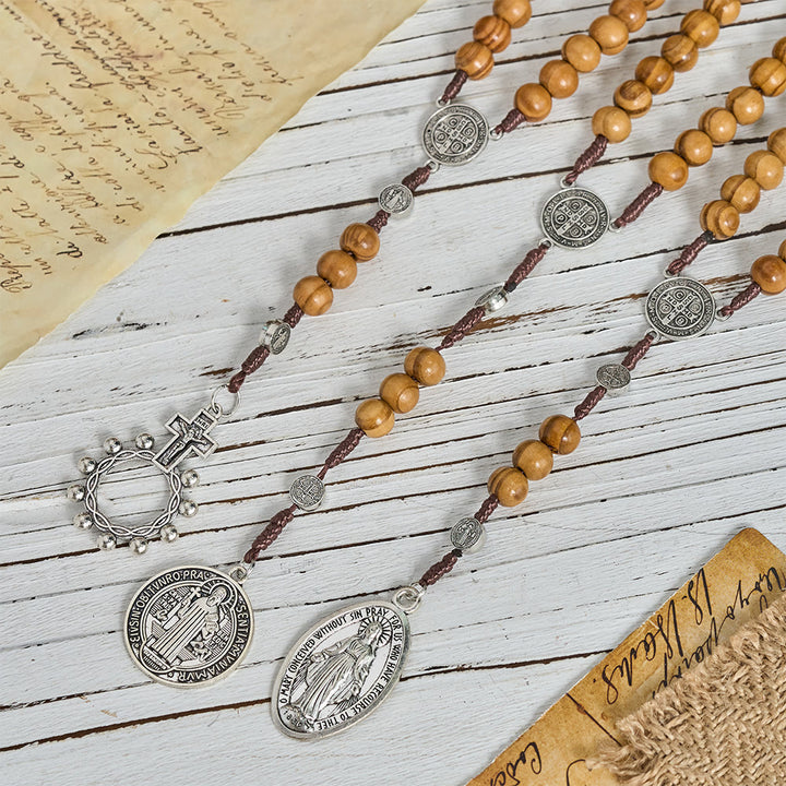 Christianartworkshop Natural Grain Wooden Bead Cord Rosary With St.Benedict / Our Lady / Finger Rosary Pendant - image 0