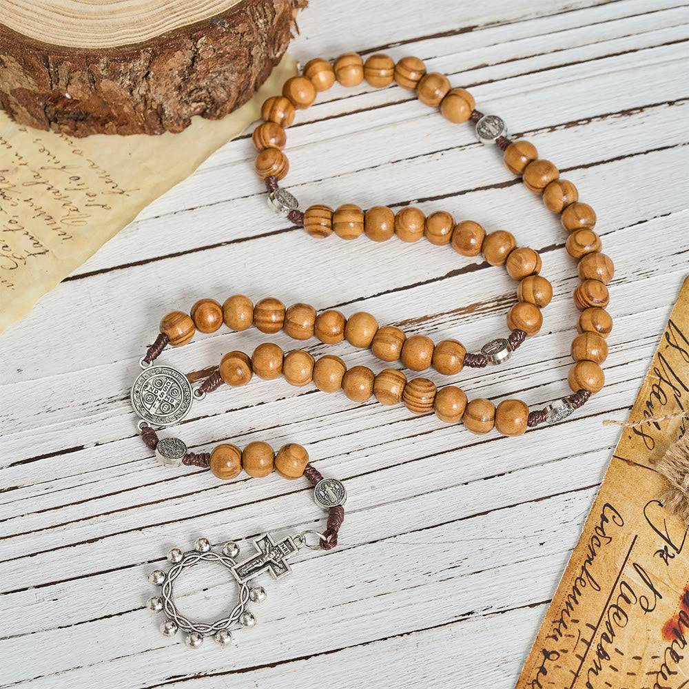 Christianartworkshop Natural Grain Wooden Bead Cord Rosary With St.Benedict / Our Lady / Finger Rosary Pendant - image 2