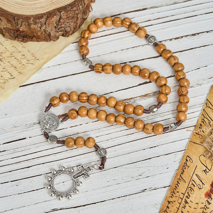 Christianartworkshop Natural Grain Wooden Bead Cord Rosary With St.Benedict / Our Lady / Finger Rosary Pendant - image 2