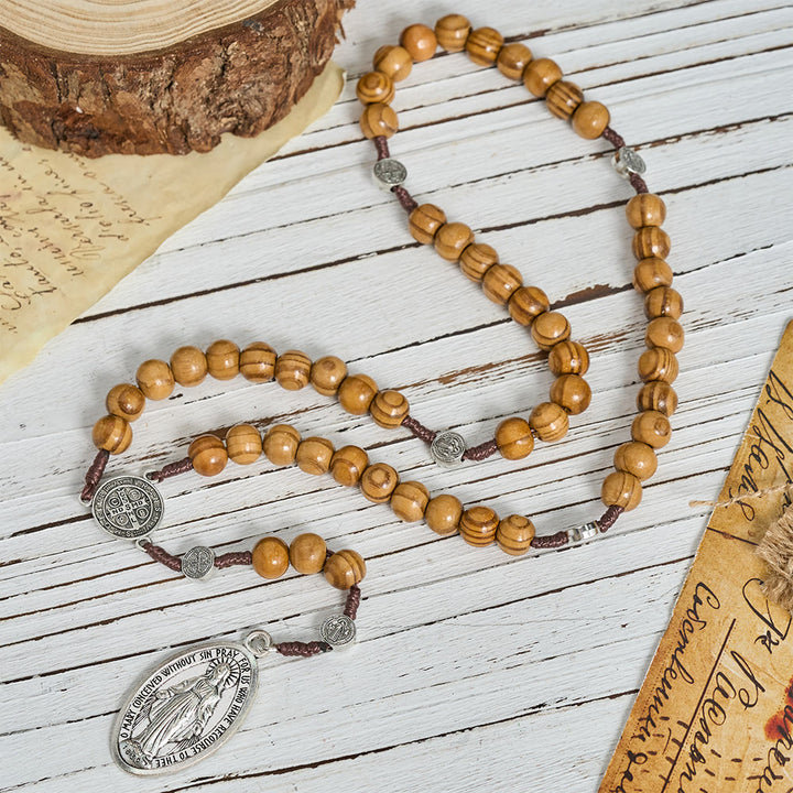 Christianartworkshop Natural Grain Wooden Bead Cord Rosary With St.Benedict / Our Lady / Finger Rosary Pendant - image 6
