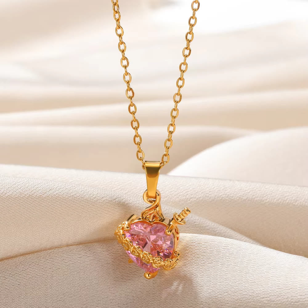 Christianartworkshop Pink Sacred Heart Rose Dagger Pendant Necklace: Timeless Emblem of Sacred Vow and Devoted Affection - image 1