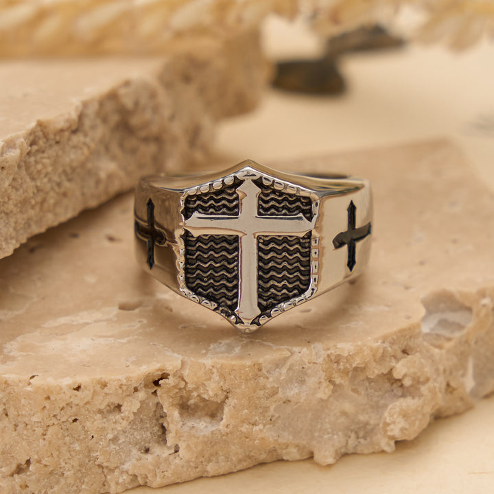 Christianartworkshop Shield Cross Embossed Signet Ring: Timeless Emblem of Unshakable Sacred Faith - Steel - US 13 - image 3