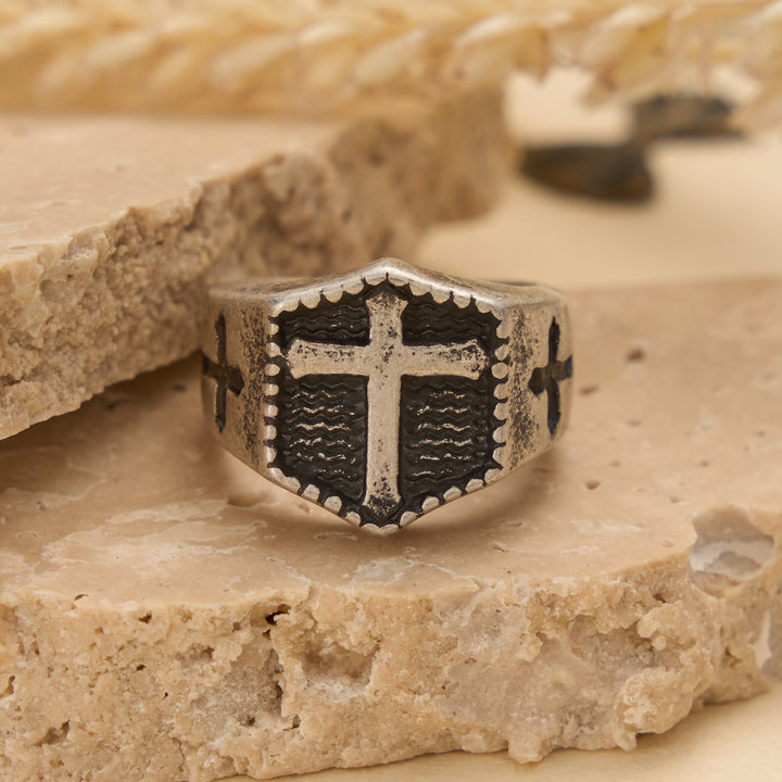 Christianartworkshop Shield Cross Embossed Signet Ring: Timeless Emblem of Unshakable Sacred Faith - Antique Silver - US 13 - image 5