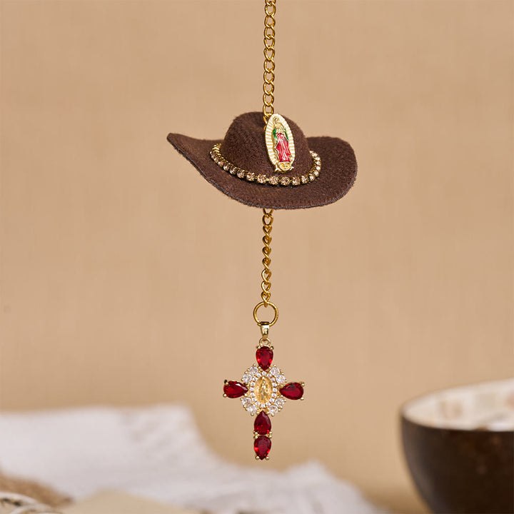 Christianartworkshop Mini Cowboy Hat Our Lady Crystal Cross Car Hanging Ornament: A Reminder of Merciful Divine Protection on Every Trip - Coffee - image 5