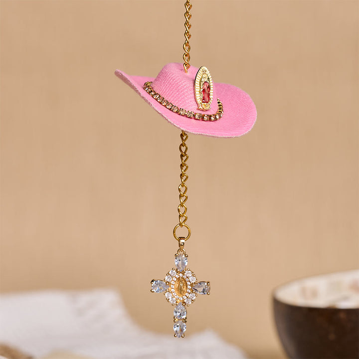 Christianartworkshop Mini Cowboy Hat Our Lady Crystal Cross Car Hanging Ornament: A Reminder of Merciful Divine Protection on Every Trip - Pink - image 8