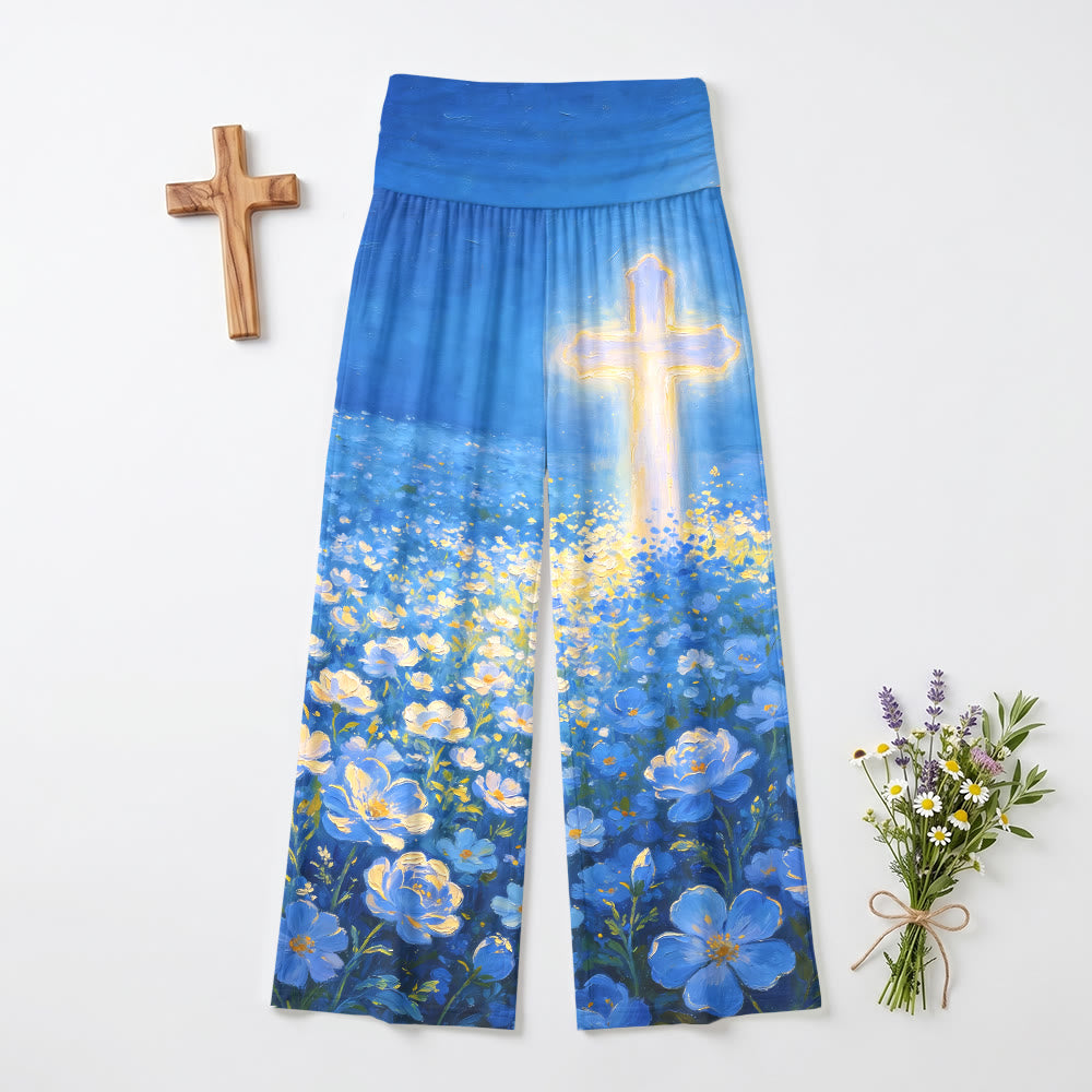 Christianartworkshop Glowing Cross Floral Oil Painting Print High Waist Stretch Faith Women’s Wide Leg Pants - US22,UK/AU26,EU54 - image 0