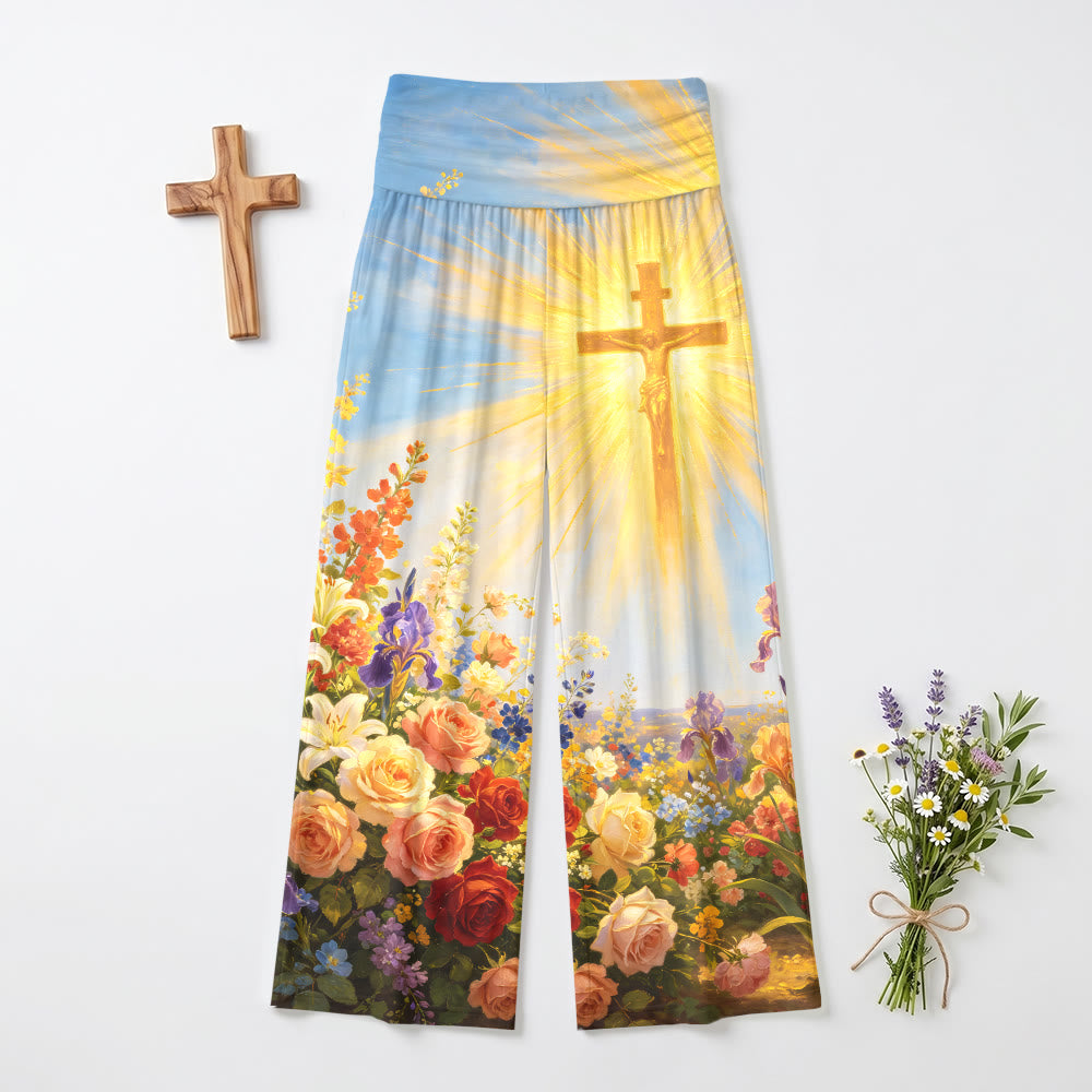 Christianartworkshop Radiant Crucifix Mixed Floral Vintage Oil Painting Print High Waist Stretch Women’s Wide Leg Pants - US22,UK/AU26,EU54 - image 0
