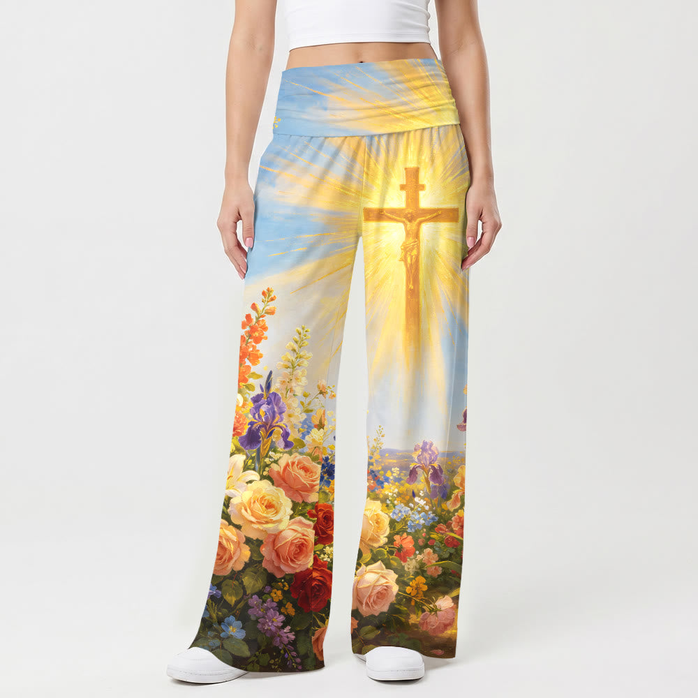 Christianartworkshop Radiant Crucifix Mixed Floral Vintage Oil Painting Print High Waist Stretch Women’s Wide Leg Pants - image 1