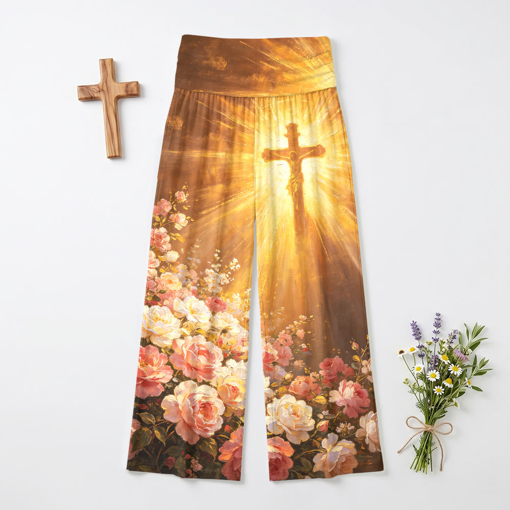 Christianartworkshop Radiant Crucifix Blush Rose Vintage Oil Painting Print High Waist Stretch Women’s Wide Leg Pants - US22,UK/AU26,EU54 - image 0