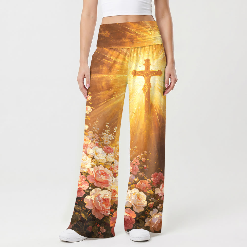 Christianartworkshop Radiant Crucifix Blush Rose Vintage Oil Painting Print High Waist Stretch Women’s Wide Leg Pants - image 1