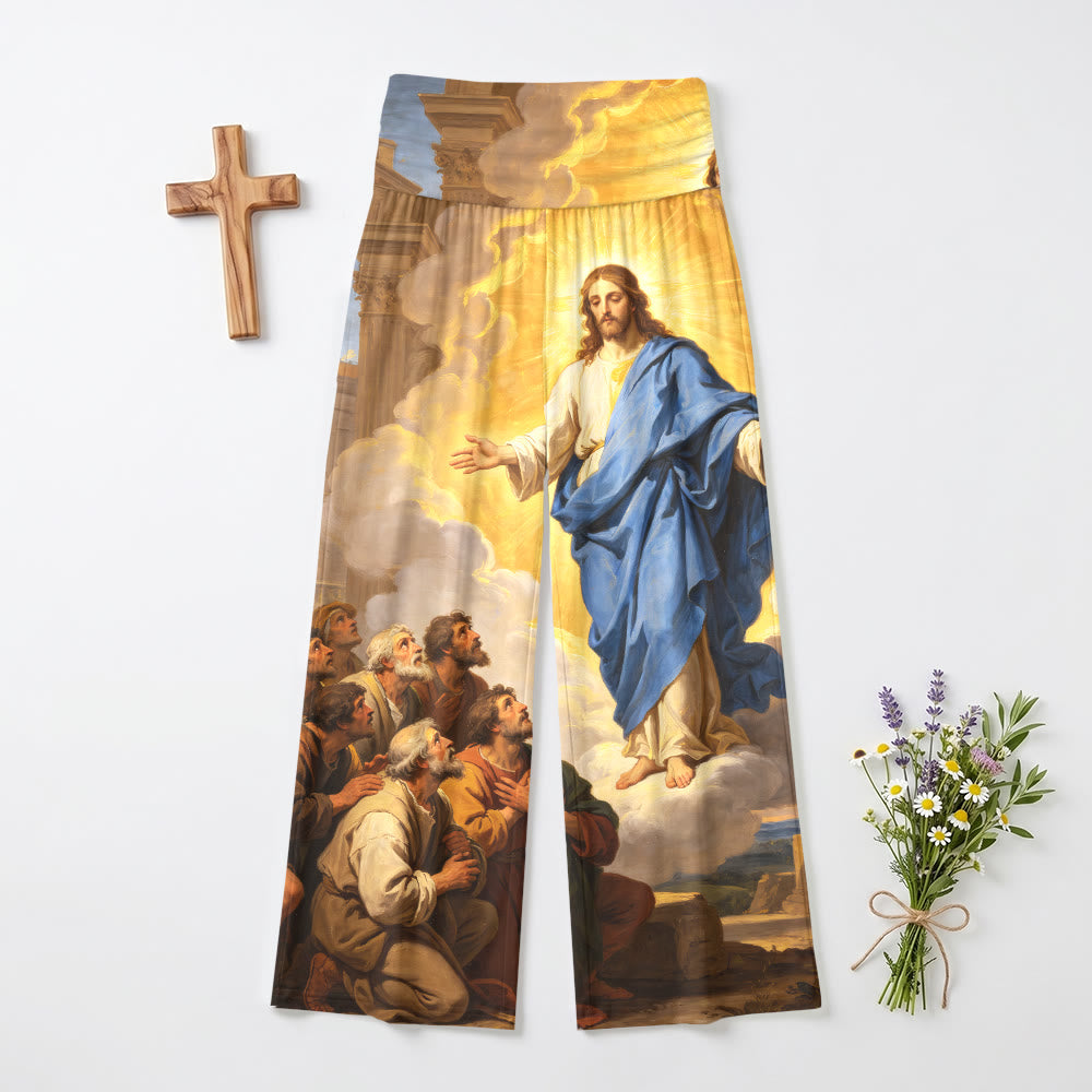 Christianartworkshop Ascending Jesus Disciples Gaze Vintage Classical Oil Painting Print High Waist Stretch Women’s Wide Leg Pants - US22,UK/AU26,EU54 - image 0