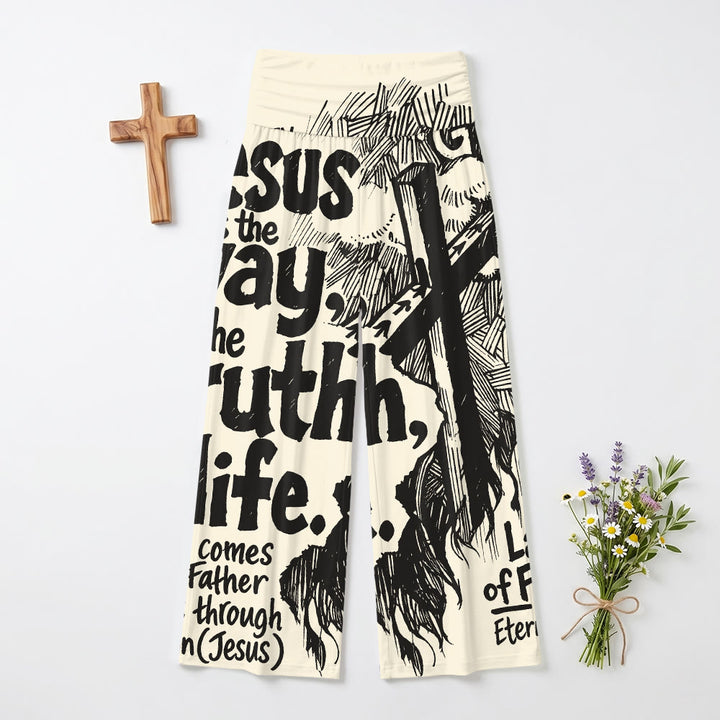 Christianartworkshop Jesus The Way Truth Life Woodcut Cross Scripture Bold Text Full Print High Waist Stretch Women’s Wide Leg Pants - US22,UK/AU26,EU54 - image 0
