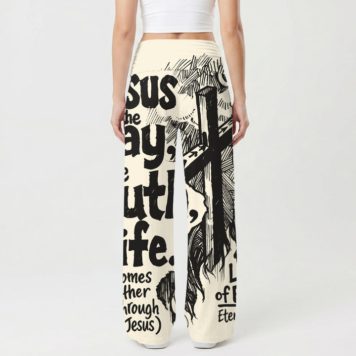 Christianartworkshop Jesus The Way Truth Life Woodcut Cross Scripture Bold Text Full Print High Waist Stretch Women’s Wide Leg Pants - image 2