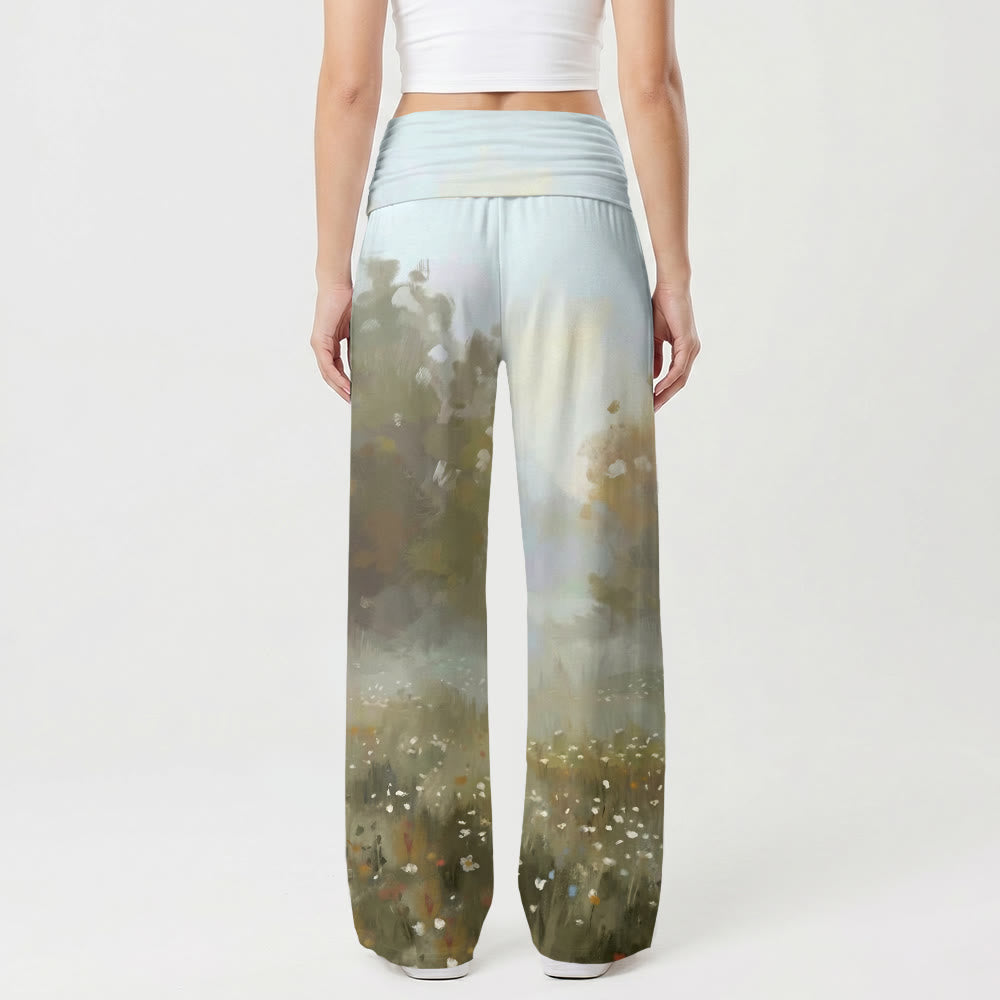 Christianartworkshop Pastoral Wildflower Field Jesus Gathering Blooms Full Body Gentle Art Print Soft Loose Wide Leg Women’s Wide Leg Pants - image 2