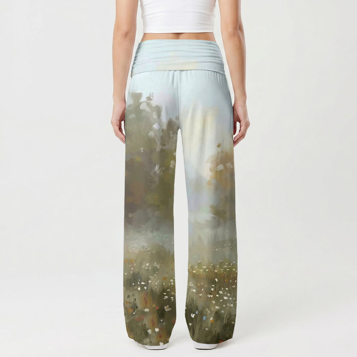 Christianartworkshop Pastoral Wildflower Field Jesus Gathering Blooms Full Body Gentle Art Print Soft Loose Wide Leg Women’s Wide Leg Pants - image 2