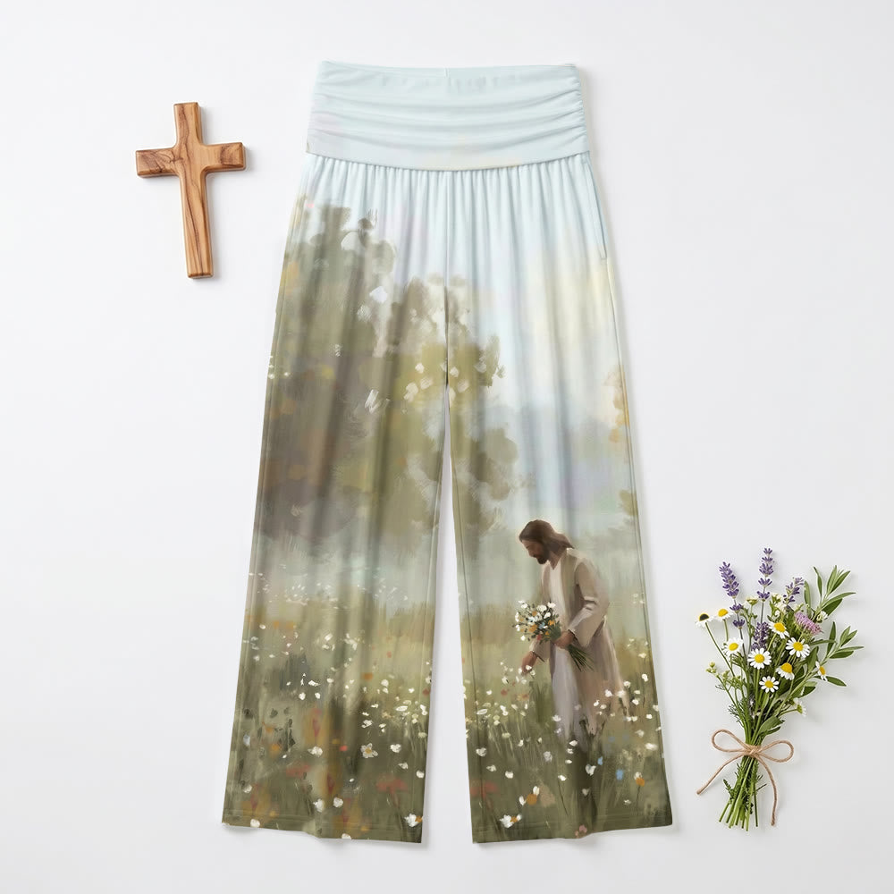 Christianartworkshop Pastoral Wildflower Field Jesus Gathering Blooms Full Body Gentle Art Print Soft Loose Wide Leg Women’s Wide Leg Pants - US22,UK/AU26,EU54 - image 0