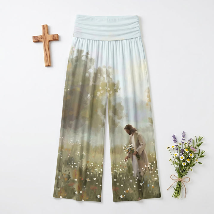 Christianartworkshop Pastoral Wildflower Field Jesus Gathering Blooms Full Body Gentle Art Print Soft Loose Wide Leg Women’s Wide Leg Pants - US22,UK/AU26,EU54 - image 0