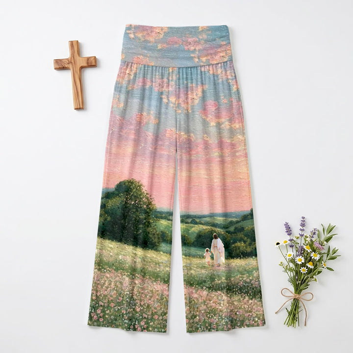 Christianartworkshop Jesus Walking With Child Pastel Sunset Country Wildflower Oil Painting Print High Waist Stretch Women’s Wide Leg Pants - US22,UK/AU26,EU54 - image 0