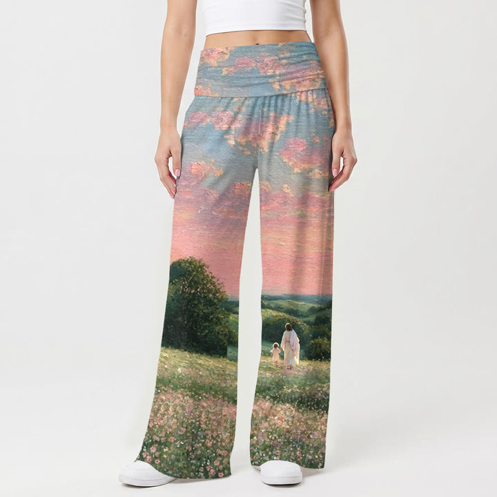 Christianartworkshop Jesus Walking With Child Pastel Sunset Country Wildflower Oil Painting Print High Waist Stretch Women’s Wide Leg Pants - image 1