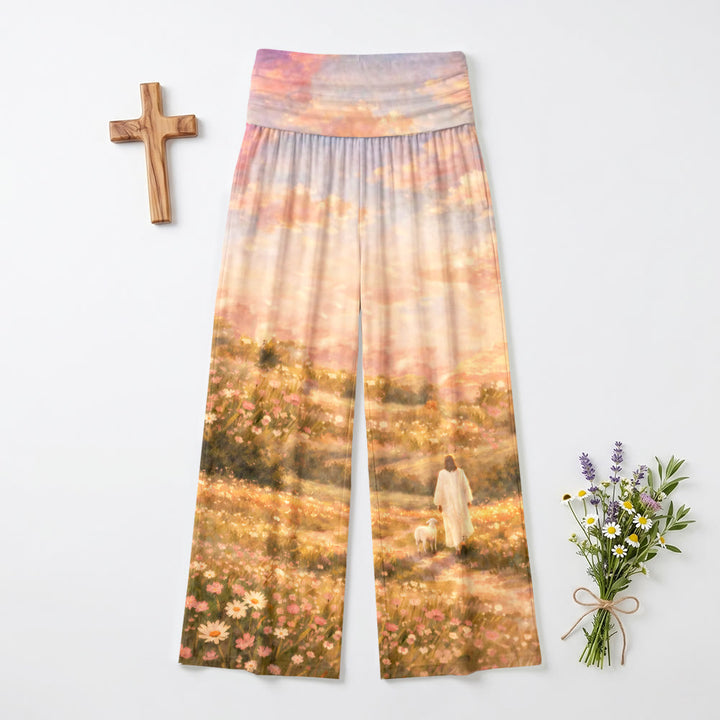 Christianartworkshop Jesus And Lamb Pastel Sunset Wildflower Hills Impression Oil Print High Waist Stretch Women’s Wide Leg Pants - US22,UK/AU26,EU54 - image 0