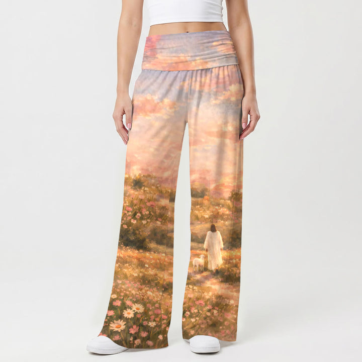 Christianartworkshop Jesus And Lamb Pastel Sunset Wildflower Hills Impression Oil Print High Waist Stretch Women’s Wide Leg Pants - image 1