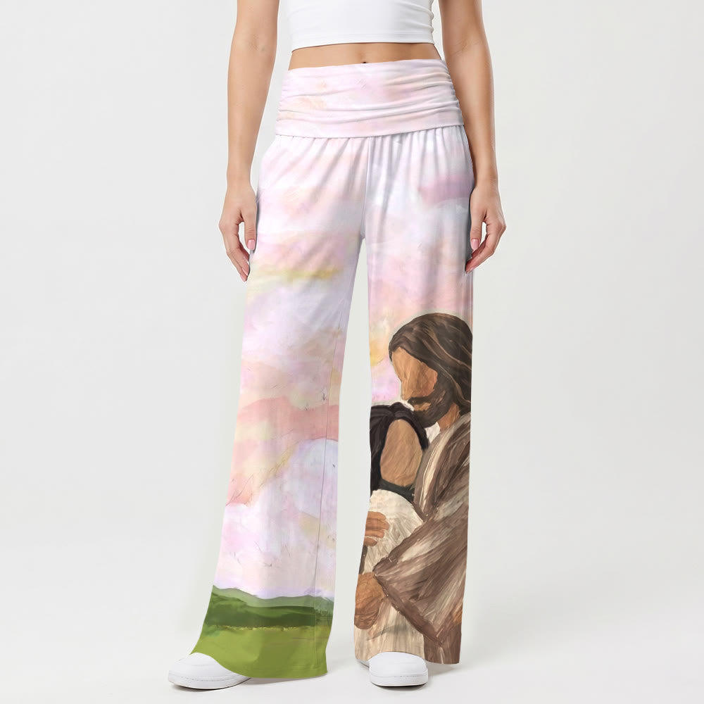 Christianartworkshop Jesus Warm Embrace Soft Pastel Sky Green Hills Oil Painting Print High Waist Stretch Women’s Wide Leg Pants - image 1