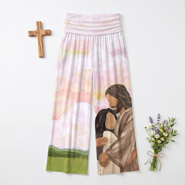 Christianartworkshop Jesus Warm Embrace Soft Pastel Sky Green Hills Oil Painting Print High Waist Stretch Women’s Wide Leg Pants - US22,UK/AU26,EU54 - image 0