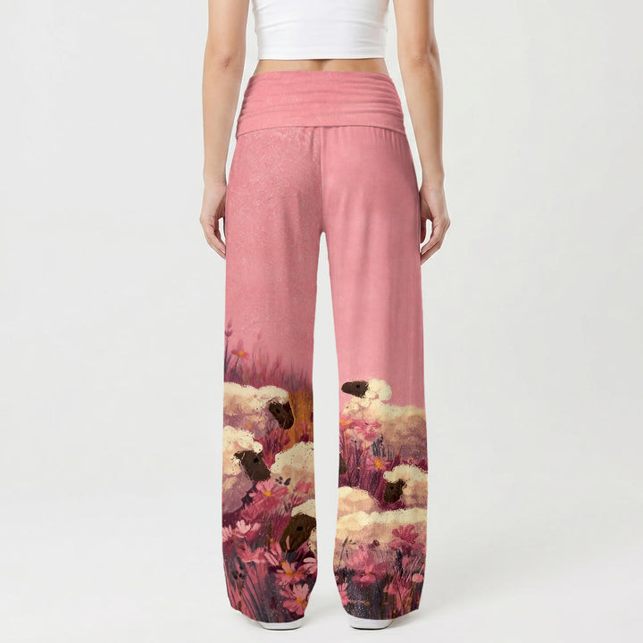 Christianartworkshop Fold Over Elastic High Waist Pastoral Shepherd Jesus Floral Field Cartoon Art Casual Faith Women’s Wide Leg Pants - image 2