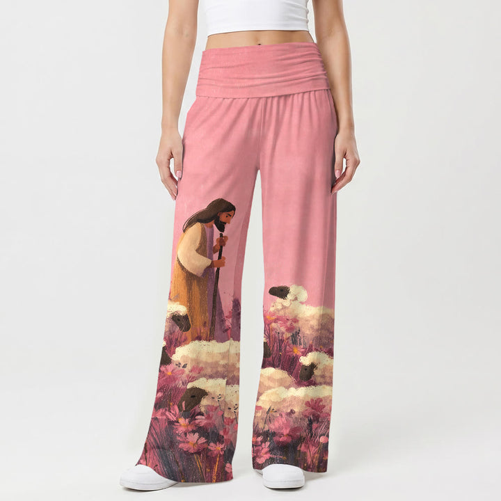 Christianartworkshop Fold Over Elastic High Waist Pastoral Shepherd Jesus Floral Field Cartoon Art Casual Faith Women’s Wide Leg Pants - image 1