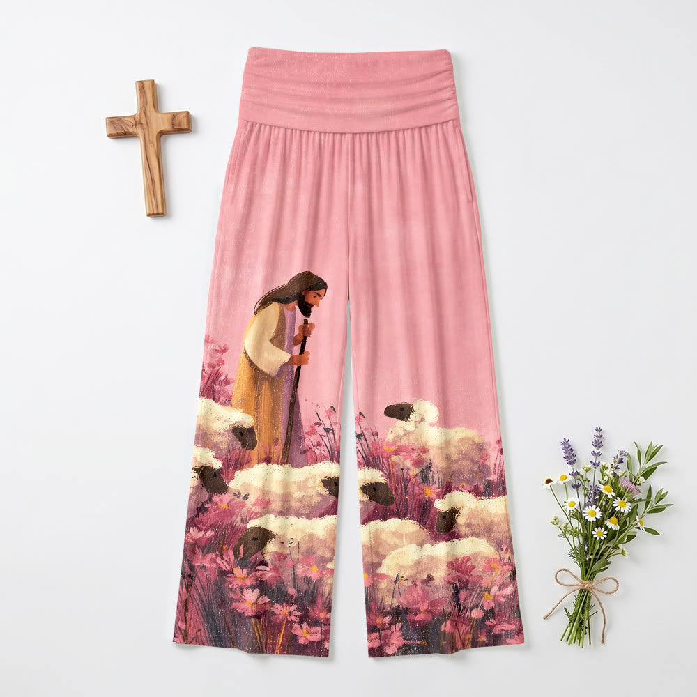 Christianartworkshop Fold Over Elastic High Waist Pastoral Shepherd Jesus Floral Field Cartoon Art Casual Faith Women’s Wide Leg Pants - US22,UK/AU26,EU54 - image 0