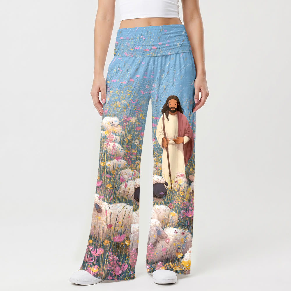 Christianartworkshop Good Shepherd Jesus Multicolor Wildflower Light Blue Sky Cartoon Oil Print High Waist Stretch Women’s Wide Leg Pants - image 1