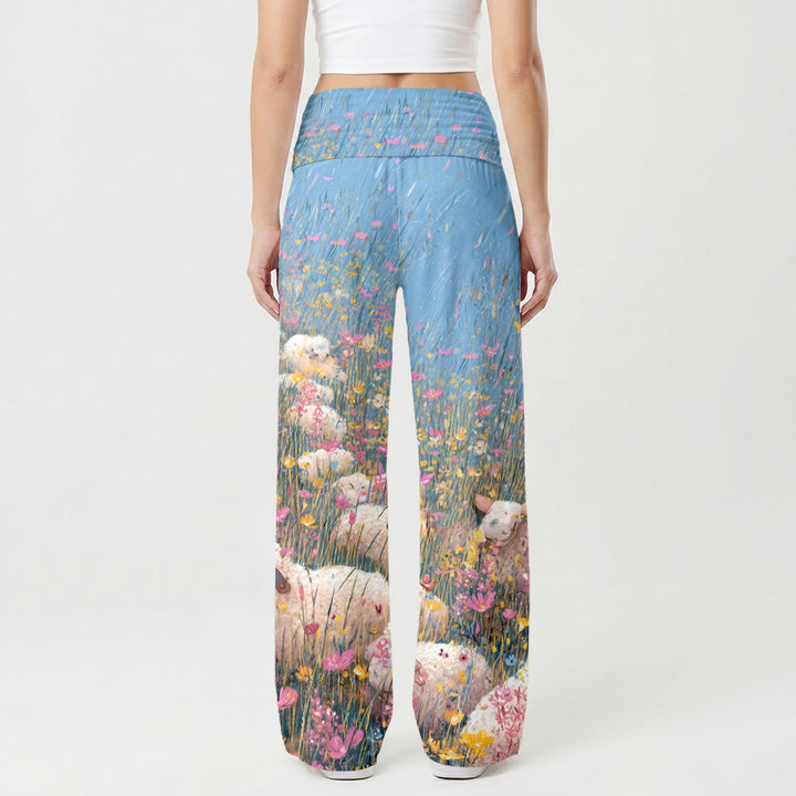 Christianartworkshop Good Shepherd Jesus Multicolor Wildflower Light Blue Sky Cartoon Oil Print High Waist Stretch Women’s Wide Leg Pants - image 2