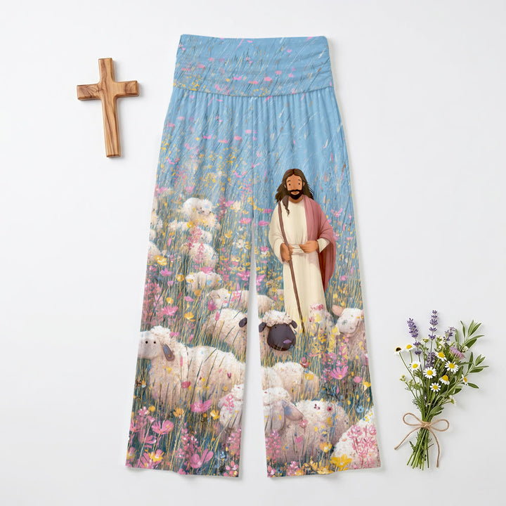 Christianartworkshop Good Shepherd Jesus Multicolor Wildflower Light Blue Sky Cartoon Oil Print High Waist Stretch Women’s Wide Leg Pants - US22,UK/AU26,EU54 - image 0