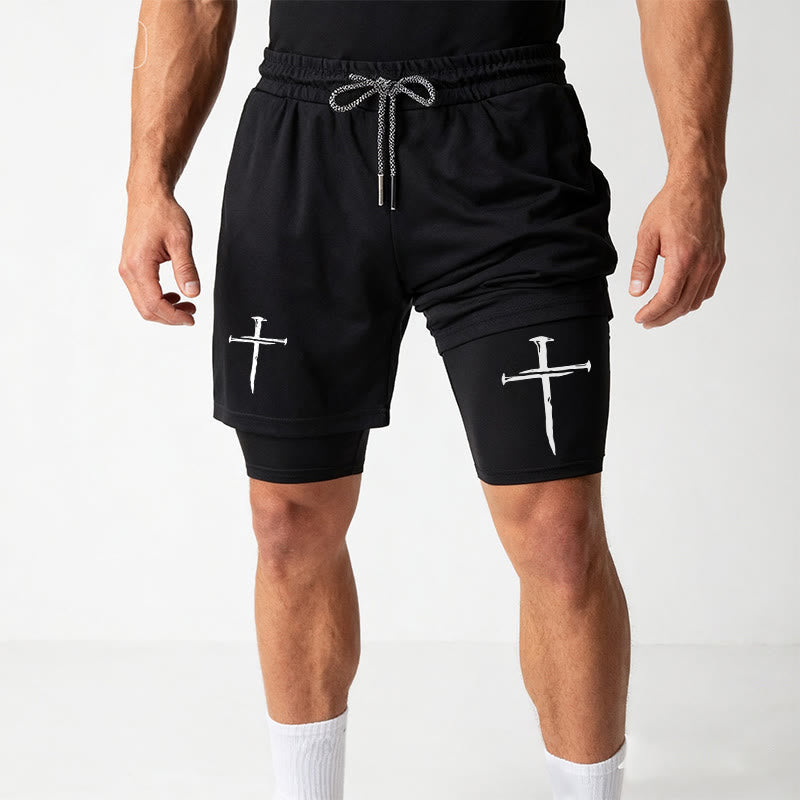 Christianartworkshop Nail Cross Minimal Sketch Double Layer Drawstring Athletic Faith  Shorts - image 16