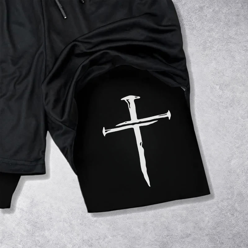 Christianartworkshop Nail Cross Minimal Sketch Double Layer Drawstring Athletic Faith  Shorts - image 12