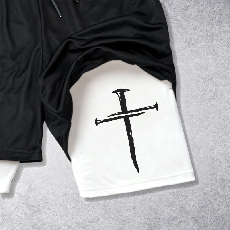 Christianartworkshop Nail Cross Minimal Sketch Double Layer Drawstring Athletic Faith  Shorts - image 5