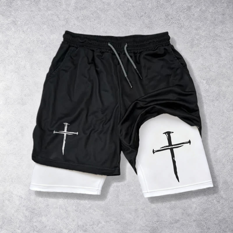 Christianartworkshop Nail Cross Minimal Sketch Double Layer Drawstring Athletic Faith  Shorts - White - 3XL - image 0