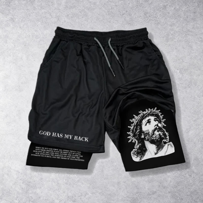 Christianartworkshop God Has My Back Crown Of Thorns Jesus Sketch Dual Print Drawstring Layered Faith Shorts - Black - 3XL - image 9