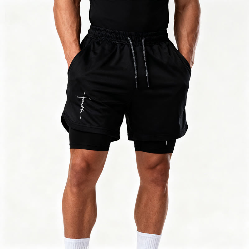 Christianartworkshop Cursive Faith Cross Integrated Script Dual Layer Drawstring Athletic Shorts - image 17